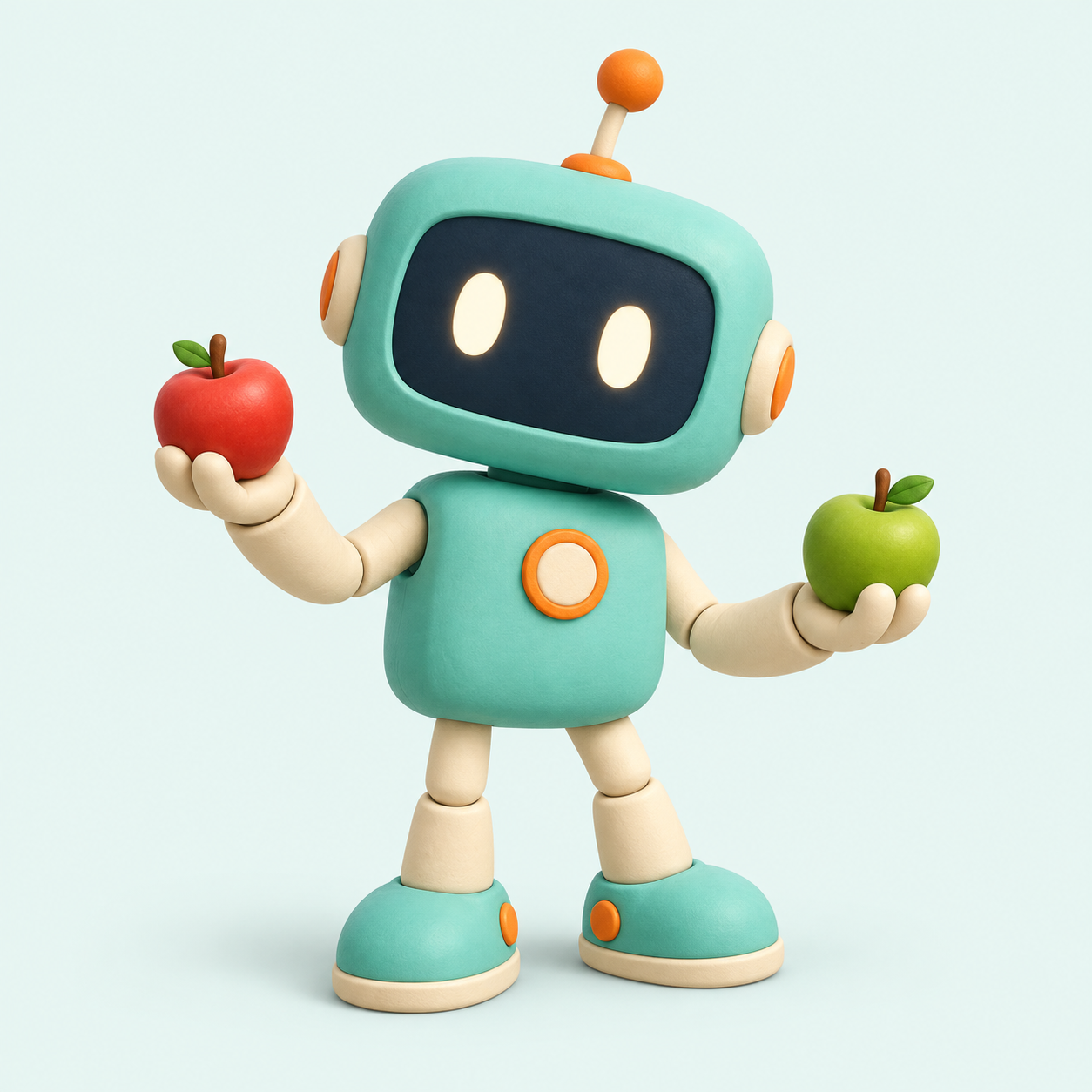 Pico, un piccolo robot color menta, con una mela rossa e una verde